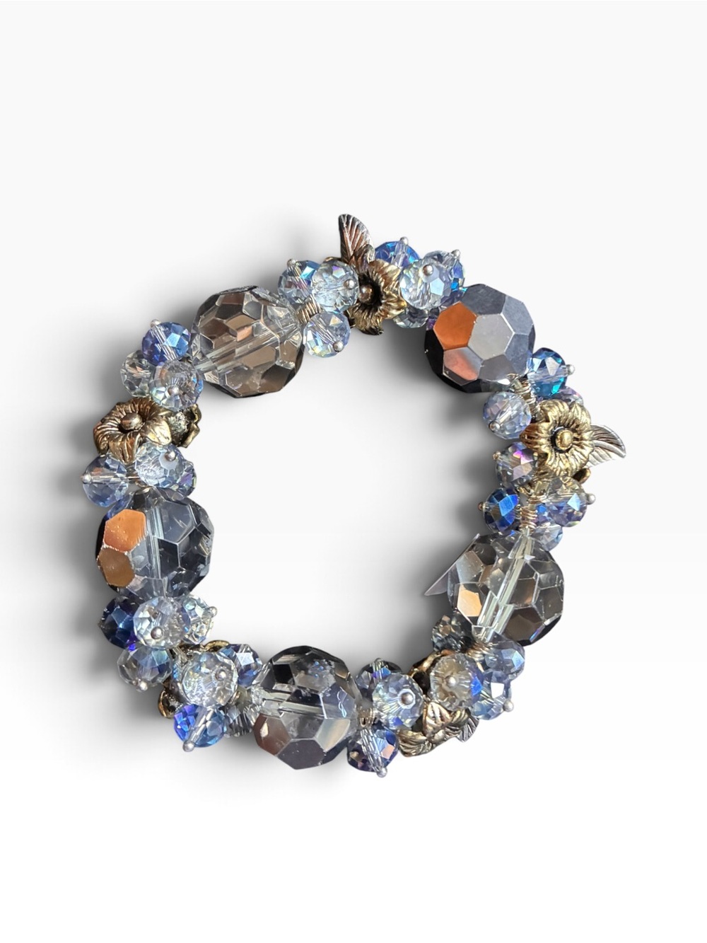 Crystal and Gold Floral Stretch Bracelet - Iridescent Blue